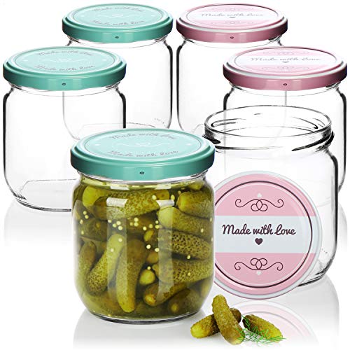 com-four® 6x Einmachgläser mit Schraub-Deckel Made with love in grün und rosa - TO Ø 82 mm - empfohlene Füllmenge ca. 330 ml - bis Glasrand: ca. 425 ml von com-four