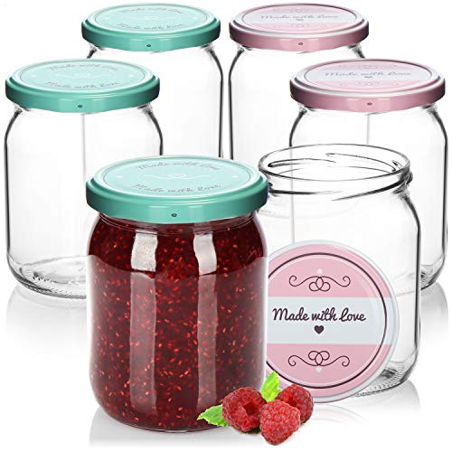 com-four® 6x Einmachgläser mit Schraub-Deckel Made with love in grün und rosa - TO Ø 82 mm - empfohlene Füllmenge ca. 490 ml - bis Glasrand: ca. 540 ml von com-four