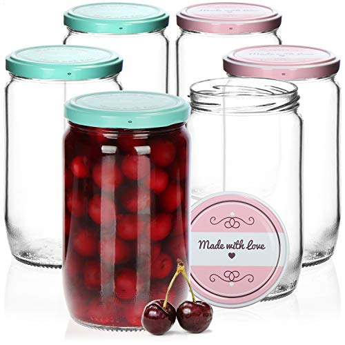 com-four® 6x Einmachgläser mit Schraub-Deckel Made with love in grün und rosa - TO Ø 82 mm - empfohlene Füllmenge ca. 650 ml - bis Glasrand: ca. 720 ml von com-four