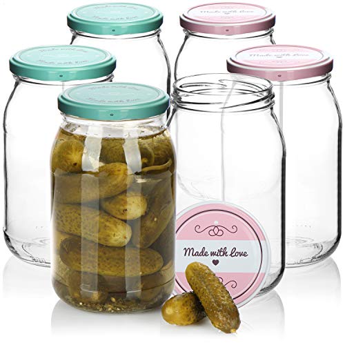 com-four® 6x Einmachgläser mit Schraub-Deckel Made with love in grün und rosa - TO Ø 82 mm - empfohlene Füllmenge ca. 920 ml - bis Glasrand: ca. 948 ml von com-four