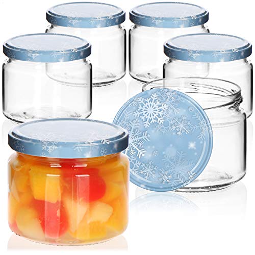 com-four® 6X Einmachgläser Winter Edition to Ø 82 mm - 330 ml mit Schraub-Deckel im winterlichen Design, blau-weiße Marmeladengläser, Glas mit Schneeflocken-Deckel, Einmachglas Weihnachten von com-four