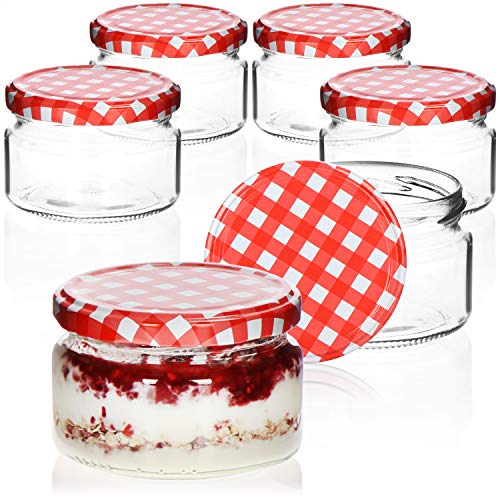 com-four® 6x Einmachgläser mit rot/weiß kariertem Schraub-Deckel - TO Ø 82 mm - bis zu ca. 250 ml von com-four