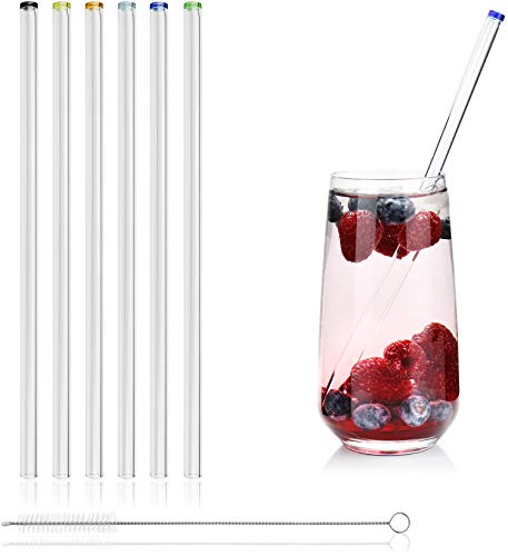 com-four® 6x Glasstrohalme spülmaschinenfest und wiederverwendbar - Glas Strohhalme für Cocktails - Trinkhalme Glas mit Reinigungsbürste - Glastrinkhalm umweltfreundlich - 23 cm von com-four