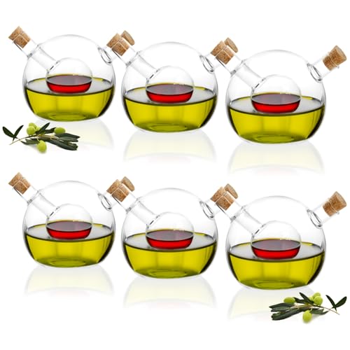 com-four® 6x Öl- und Essigflasche mit Korken - leere 2 in 1 Glaskaraffe zum Befüllen - edle Glasflasche mit Einsatz und 2 Öffnungen 42 ml, 300 ml - Öl- und Essigspender Ø 10 cm (6 Stück - 2 in 1) von com-four