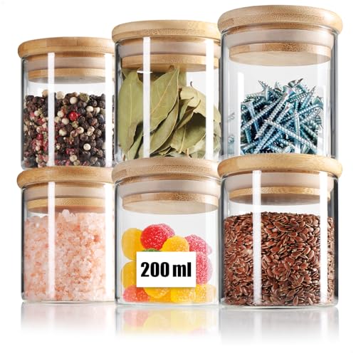 com-four® 6x Vorratsgläser mit Bambus-Deckel 200ml - Gewürzgläser aus Borosilikatglas mit luftdichter Aufbewahrung - Wiederverwendbare Runddosen 0,2L (6x 200ml) von com-four