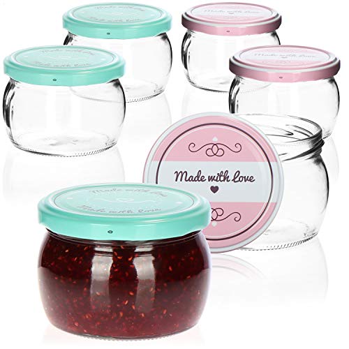 com-four® 6x bauchige Einmachgläser mit Schraub-Deckel Made with love in grün und rosa - TO Ø 82 mm - empfohlene Füllmenge ca. 185 ml - bis Glasrand: ca. 260 ml von com-four