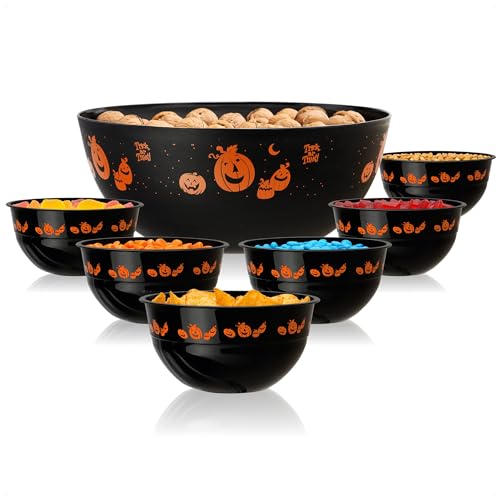 com-four® 7-teiliges Set Snackschalen Halloween - Set Snackgeschirr aus großer Schüssel und passenden Schalen - Party-Geschirr aus Kunststoff für Halloween (7 Stück - Kürbisse) von com-four