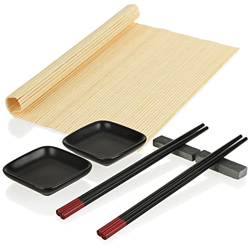 com-four® 7-teiliges Sushi-Set mit Stäbchen, Schälchen, Rollmatte und Stäbchen-Ablage - asiatisches Servier-Set - Schälchen für Soßen (7-teilig - Sushi-Set schwarz) von com-four