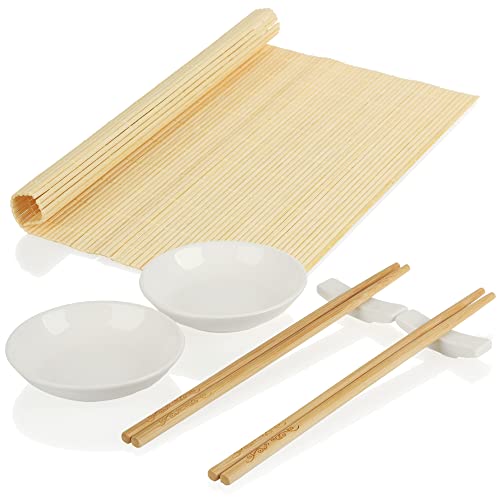 com-four® 7-teiliges Sushi-Set mit Stäbchen, Schälchen, Rollmatte und Stäbchen-Ablage - schönes Servier-Set - Küchenzubehör - mit Schälchen für Soßen (7-teilig - Sushi-Set) von com-four