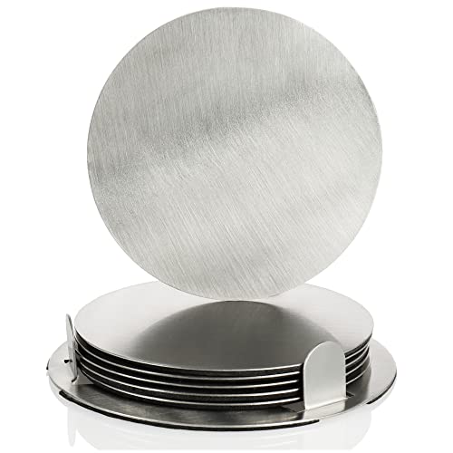 com-four® 7-teiliges Untersetzer-Set mit Halterung - Edelstahl Untersetzer für Getränke - runde Stahluntersetzer - silberfarben (007-teilig - silberfarben) von com-four