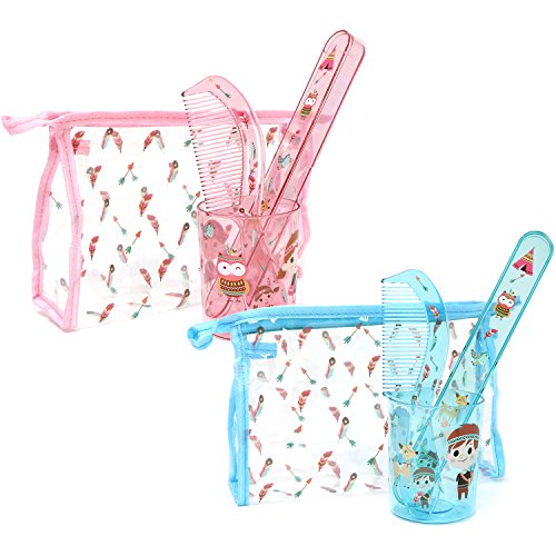 com-four® 8-teiliges Reiseset für Kinder - Zahnputzbecher, Zahnbürstenetui, Kamm und Reißverschlusstasche mit Indianer-Motiv - Hygienetasche mit Zubehör (08-teiliges Set - pink/blau) von com-four