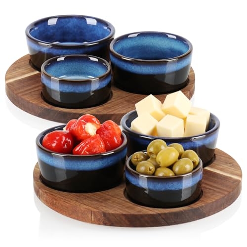 com-four® 8-teiliges Servierset - Schüsselset mit Holzbrett zum Servieren von Tapas, Mezze oder Antipasti - Schälchen in 3 Größen mit Serviertablett aus Akazienholz (8-teilig blau) von com-four
