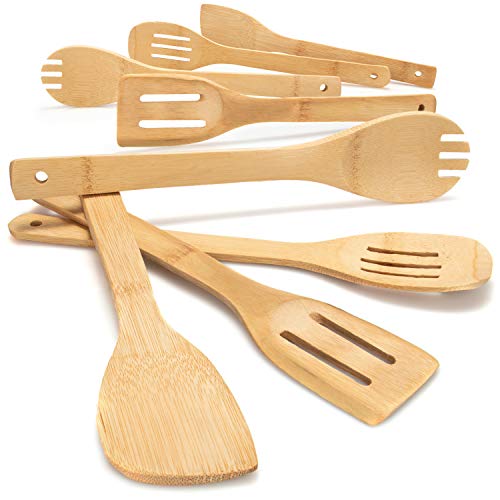 com-four® 8-teiliges Set Kochlöffel - Holzkochlöffel, Pfannenwender, Schlitzlöffel und Salatlöffel aus Bambus - Küchenhelfer zum Kochen und Braten (8 tlg. - Bambus - braun) von com-four