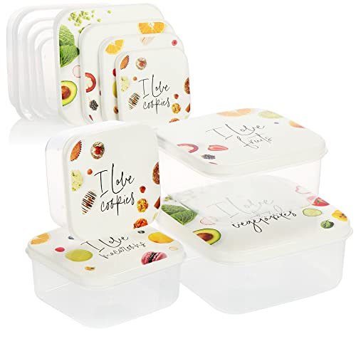 com-four® 8-teiliges Vorratsdosen-Set aus Kunststoff - Frischhaltebox quadratisch mit Deckel in 4 Größen - Aufbewahrungsbox für Gemüse, Obst, Kuchen, Kekse (08-teilig - transparent-weiss/Muster) von com-four