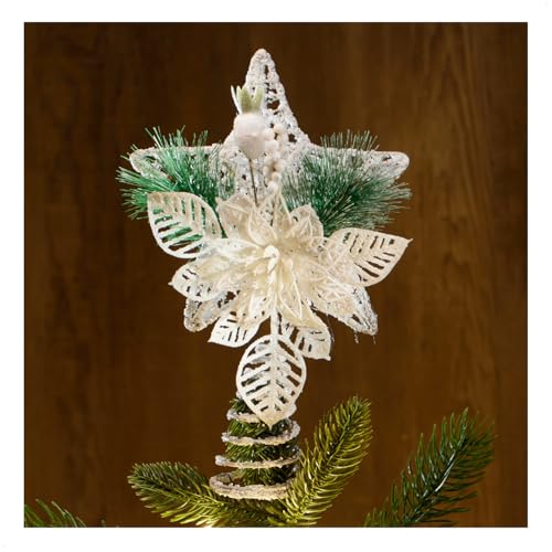 com-four® Deko Stern Weihnachten, Weihnachtsdekoration Stern aus Metall mit Deko, Aufsteller weißer Weihnachtsstern mit Tannennadel, Blume & Beere von com-four