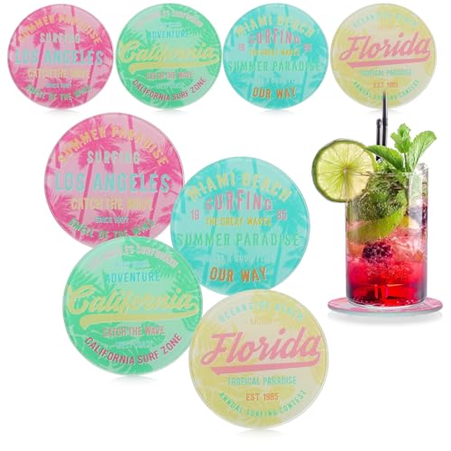 com-four® 8X Glas-Untersetzer für Getränke - Runde Getränkeuntersetzer für jeden Tisch - Untersetzer aus Glas mit Surfing-Motiv - Cocktail-Dekorationszubehör von com-four