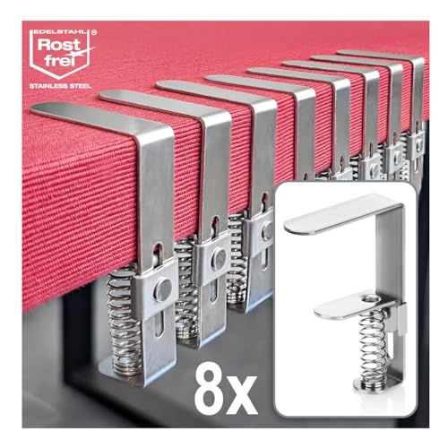 com-four® 8X Premium Tischdeckenklammer aus Edelstahl - Tischklammern mit Feder für Tische mit Einer Stärke von 2,7-5,5 cm - Tischtuchklammer rostfrei für drinnen und draußen von com-four