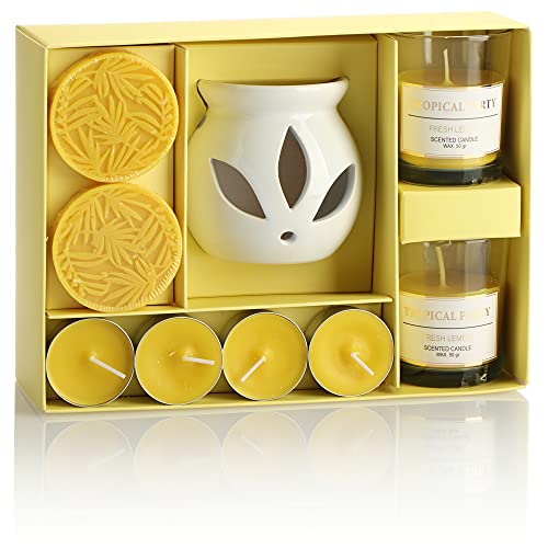 com-four® 9-teiliges Geschenkset mit Duft-Stövchen,-Teelichtern, Kerzen und -Wachs - Duftlampe aus Keramik - Aroma Set für angenehmen Raumduft und Entspannung (9- teilig - Fresh Lemon) von com-four