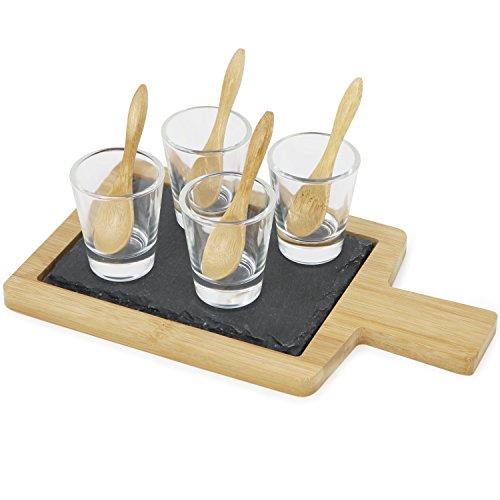 com-four® 9-teiliges Vorspeisen Set, Amuse Gueule Set aus Tablett mit Schieferplatte, Gläser und Löffel (09-tlg - Amuse Gueule Set) von com-four