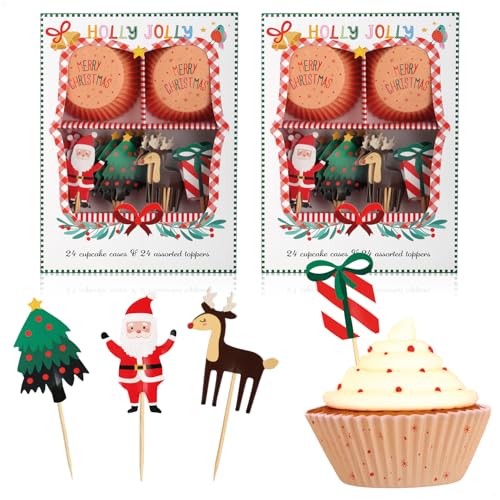 com-four® 96-teiliges Cupcake-Back-Set - weihnachtliche Mini-Küchlein-Formen mit Dekosteckern - Muffin-Papier-Formen und Deko-Aufsätze - Cupcake Case mit Toppern von com-four