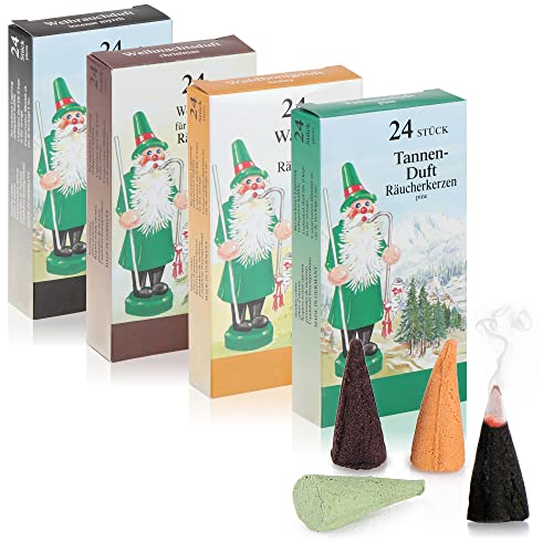 com-four® 96x Räucherkerzen - Duftkegel in 4 weihnachtlichen Nuancen - Räucherstäbchen für Advent und Weihnachten - erzgebirgische Räucher-Hütchen mit Weihnachtsduft (096 Stück) von com-four