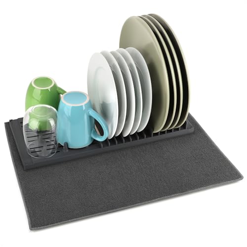 com-four® Abtropfgestell mit Mikrofaserunterlage - Abtropfgitter aus Kunststoff - Geschirrständer für Besteck und Geschirr - Küchenzubehör (2-teilig - Matte + Gestell) von com-four