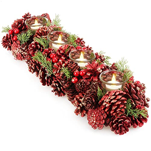 com-four® Adventskranz länglich, Kerzenständer Weihnachten für 4 Kerzen, Kerzenhalter, Adventsgesteck, XL Adventskerzenhalter, Kerzenleiste als Tischdeko (Adventsgesteck rote Zapfen- 4 Kerzen) von com-four