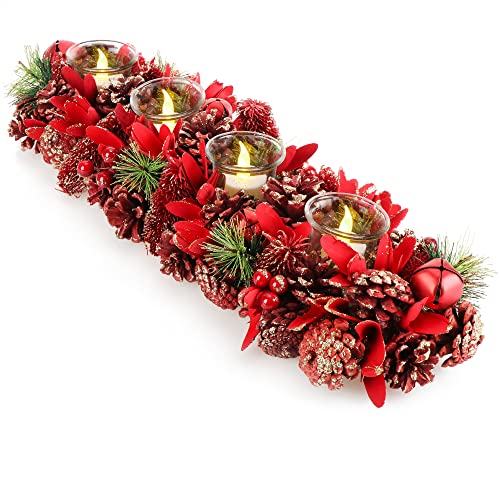 COM-FOUR® Adventskranz länglich, Kerzenständer Weihnachten für 4 Kerzen, Kerzenhalter, Adventsgesteck, XL Adventskerzenhalter, Kerzenleiste als Tischdeko (Adventsgesteck roter Glitter - 4 Kerzen) von com-four