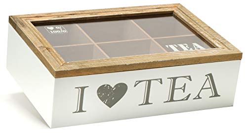 com-four® Aufbewahrungsbox für Teebeutel - weiße Teebeutelbox aus Holz mit Deckel - Teekiste mit 6 Fächern und Sichtfenster aus Glas (1 Stück - 6 Fächer) von com-four