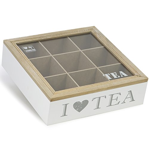 com-four® Aufbewahrungsbox für Teebeutel - weiße Tee-Box aus Holz mit braunem Deckel - mit 9 Fächern und Sichtfenster aus Glas (01 Stück - 9 Fächer) von com-four