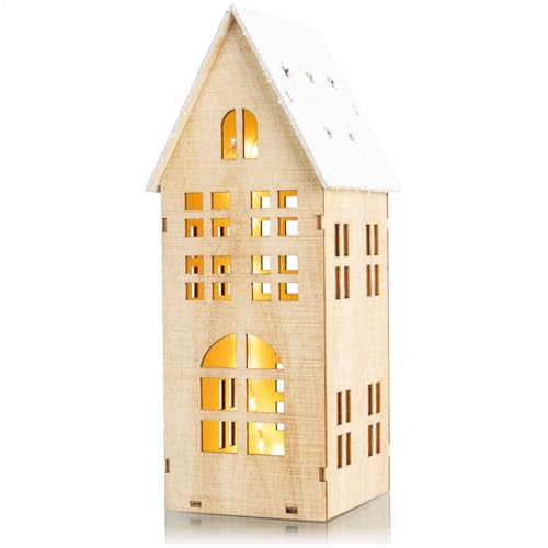 com-four® Beleuchtetes Holzhaus zum Hinstellen mit LED-Lichtern und 6-Stunden-Timer – Weihnachtsdekoration für Tisch oder Fensterbank – Winterliche Holzdekoration (1 Stück - Haus mit Schneedach) von com-four