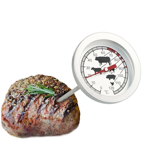 com-four® Bratenthermometer aus Edelstahl - analoges Fleischthermometer bis 120 °C - Grillthermometer - Fleischnadel - 10 cm (001 Stück) von com-four