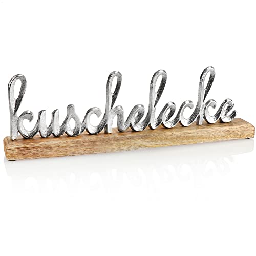 com-four® Deko Aufsteller KUSCHELECKE - Schriftzug aus Metall auf Mangoholz-Sockel - Deko-Schriftzug zum Hinstellen - 40,5x12,5x5cm (silberfarben - KUSCHELECKE) von com-four