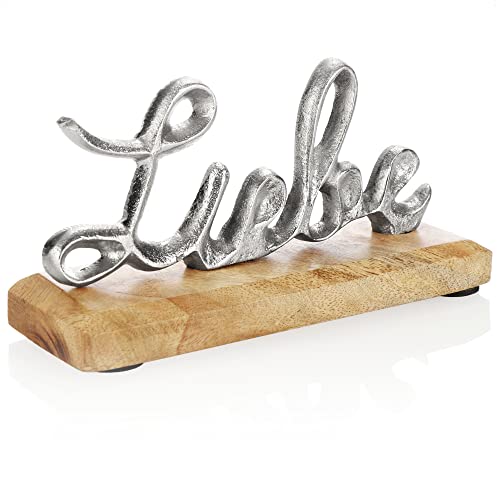 com-four® Deko Aufsteller Liebe - Schriftzug aus vernickeltem Aluminium auf Mangoholz-Sockel - Deko-Schriftzug zum Hinstellen (silberfarben - Liebe) von com-four