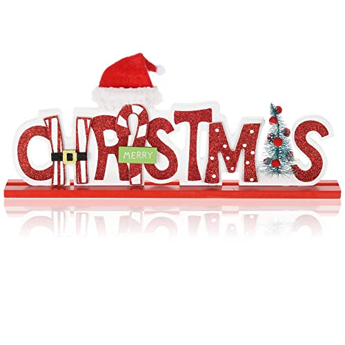 com-four® Deko-Aufsteller für Weihnachten - Holzaufsteller zum Hinstellen - XL Schriftzug Merry Christmas - Weihnachtsdekoration (rot - Weihnachtsmütze) von com-four