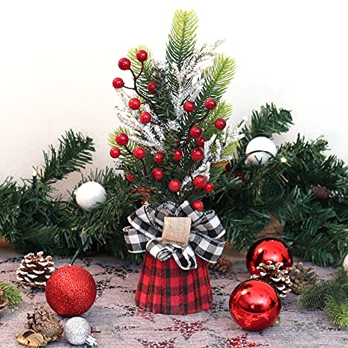 com-four® Deko-Baum, dekorativer Kleiner Schmuckbaum, tolle Tischdeko, optimal für die Adventszeit, ergänzt Kränze und Girlanden (35cm grüne Zweige + rote Beeren) von com-four