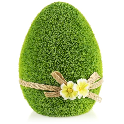 com-four® Dekofigur - Osterei mit Schleife und Blumen - grüne Deko-Figur aus Keramik für Frühling und Ostern - großes Ei mit Kunst-Gras überzogen - Osterdeko (1 x Ei - 18cm) von com-four