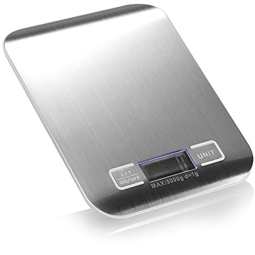 com-four® Digitale Küchenwaage - elektronische Haushaltswaage im Edelstahl Design - Gewichtsmesser für Küche und Haushalt - Messgerät bis 5 kg - batteriebetriebene Wiegehilfe (1 Stück - silberfarben) von com-four