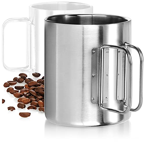 com-four® Edelstahl-Kaffeebecher - 300 ml - Thermo-Trinkbecher aus rostfreiem Edelstahl 304 mit Klapphenkel - doppelwandige Isolierbecher - BPA-frei (silberfarben - 300ml - 1 Stück) von com-four