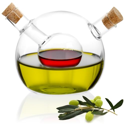 com-four® Öl- und Essigflasche mit Korken - leere 2 in 1 Glaskaraffe zum Befüllen - edle Glasflasche mit Einsatz und 2 Öffnungen 42 ml, 300 ml - Öl- und Essigspender Ø 10 cm (1 Stück - 2 in 1) von com-four