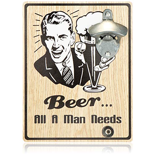 com-four® Flaschenöffner für die Wand - Bieröffner mit magnetischem Kronkorkenhalter - Wand-Flaschenöffner mit Spruch und Motiv (Design1-01 Stück) von com-four