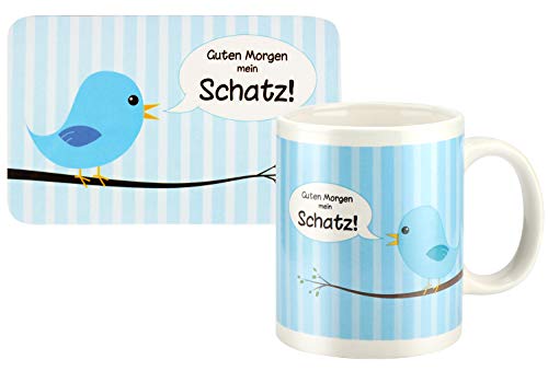 com-four® Frühstücksbrettchen und Kaffeebecher Set für einen guten Start in den Tag - Schneidebrett und Tasse mit Spruch - Kaffeetasse - Tasse - Geschenk (02er Set - Blau) von com-four