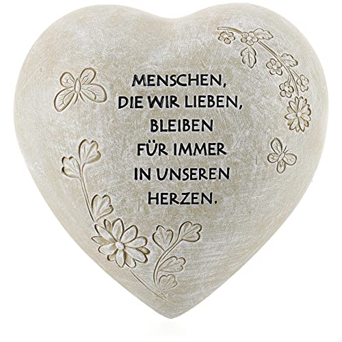 com-four® Grab-Dekoration in Herz-Form - Gedenkstein mit Aufschrift - wetterfester Grabschmuck mit Schmetterlingen - verzierter Trauerstein mit Gedenkspruch von com-four