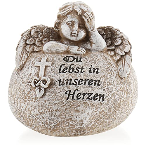 com-four® Grab-Dekoration in Herz-Form mit Engel - Gedenkstein mit Inschrift, Kreuz und Rosen - wetterfester Grabschmuck - Trauerstein mit Gedenkspruch (1 Stück - Engel Du lebst in unseren Herzen) von com-four