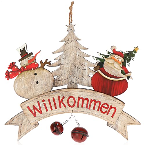 com-four® Hängedeko Weihnachten - Holz-Aufhänger Schriftzug mit Glöckchen - Türschild Willkommen aus Holz - Hänger für Tür und Fenster von com-four