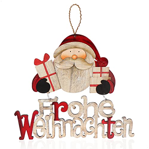 com-four® Hängedeko Weihnachten - Holz-Aufhänger Schriftzug mit Santa Claus - Türschild FROHE WEIHNACHTEN aus Holz - Hänger für Türen, Wände, Fenster (Santa mit Geschenken) von com-four