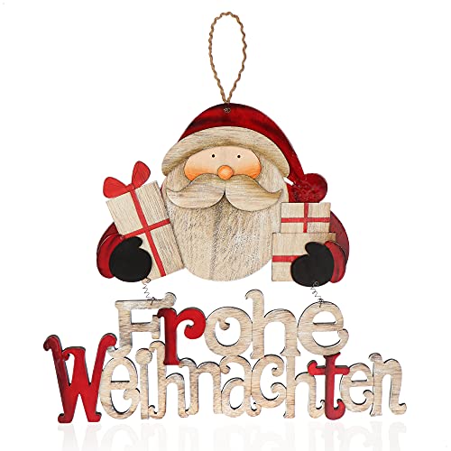 com-four® Hängedeko Weihnachten - Holz-Aufhänger Schriftzug mit Santa Claus - Türschild Frohe Weihnachten aus Holz - Hänger für Türen, Wände, Fenster (Santa mit Geschenken) von com-four