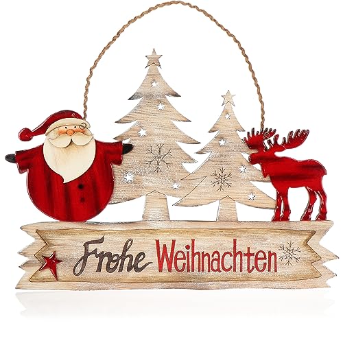 com-four® Hängedeko Weihnachten - Holz-Aufhänger Schriftzug mit Santa Claus und Elch - Türschild Frohe Weihnachten aus Holz für Tür, Fenster oder Wand (Santa im Wald) von com-four