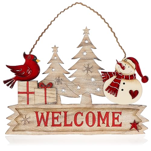 com-four® Hängedeko Weihnachten - Holz-Aufhänger Schriftzug mit Schneemann und Vogel - Türschild Christmas aus Holz für Tür, Fenster oder Wand (Welcome) von com-four