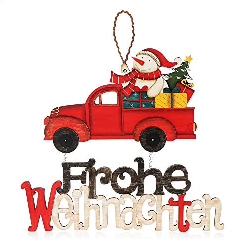 com-four® Hängedeko Weihnachten - Holz-Aufhänger mit Schneemann und Schriftzug - Türschild Frohe Weihnachten aus Holz - Hänger für Türen, Wände, Fenster (Schneemann mit Auto) von com-four